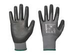 Two gray and black work gloves, one showing the palm and the other showing the back with product information.