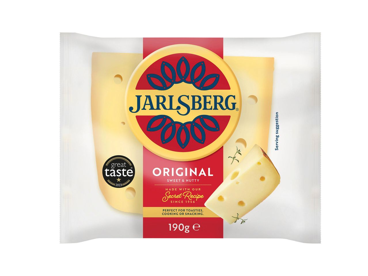 Jarlsberg cheese packaging with a block of cheese and a slice, highlighting its original, sweet & nutty flavor.