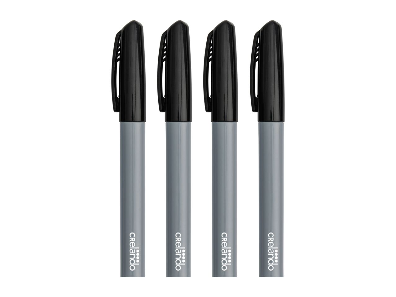 Four gray markers with black caps, arranged vertically on a white background.
