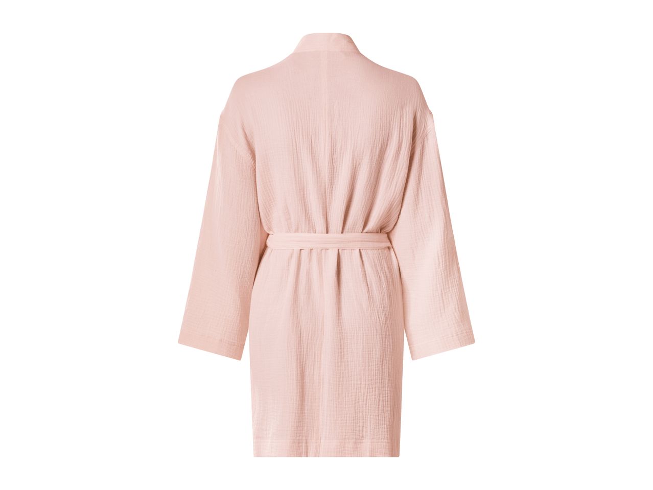 Back view of a light pink muslin bathrobe with a tie belt.