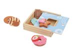Wooden toy donuts and cookies in a light blue box with a shape sorter lid.