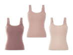 Drei Damen-Tanktops in verschiedenen Farben mit Spitzenbesatz.
