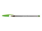 A green BIC Cristal ballpoint pen with its cap removed.
