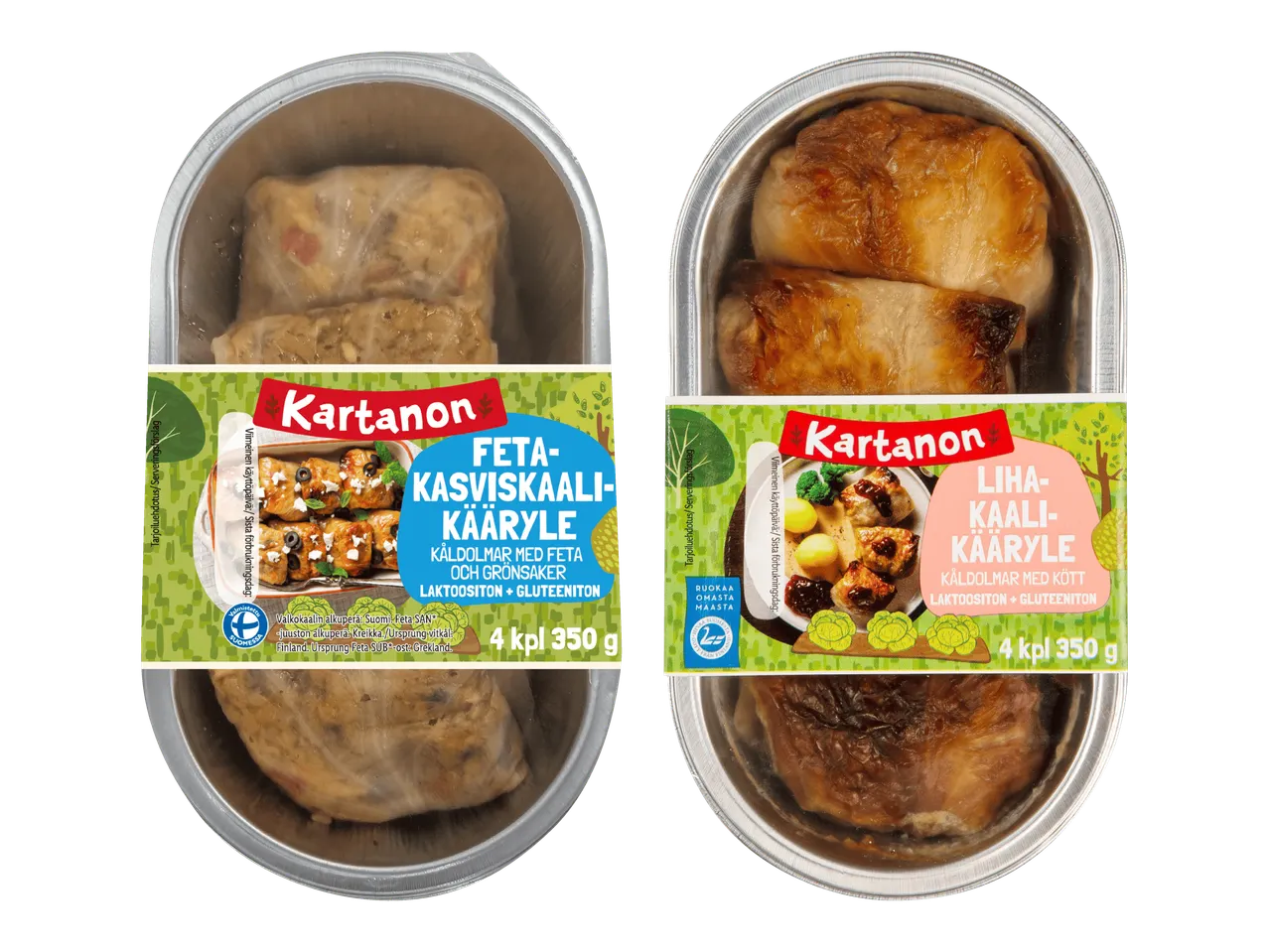 Kaksi pakkausta kaalikääryleitä: toisessa feta-kasviskaalikääryleitä ja toisessa lihakaalikääryleitä.