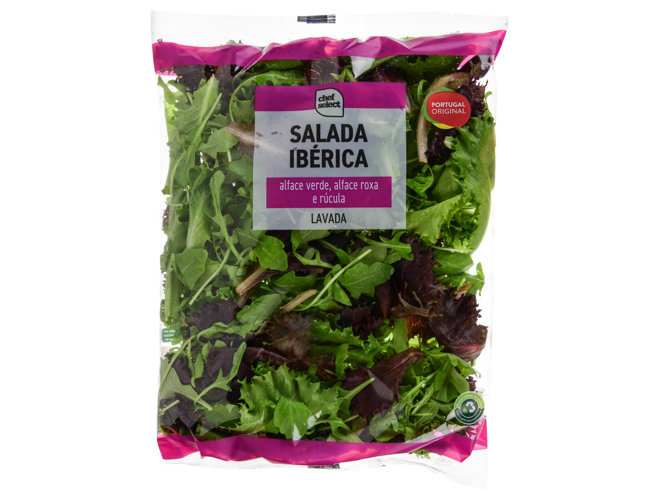 Embalagem de Salada Ibérica Chef Select com alface verde, roxa e rúcula.