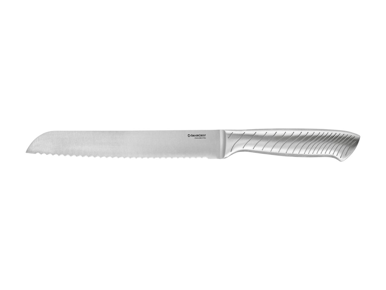 A serrated bread knife with a silver blade and a textured silver handle.