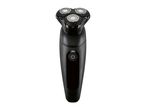 Black electric rotary shaver with three shaving heads and a power button