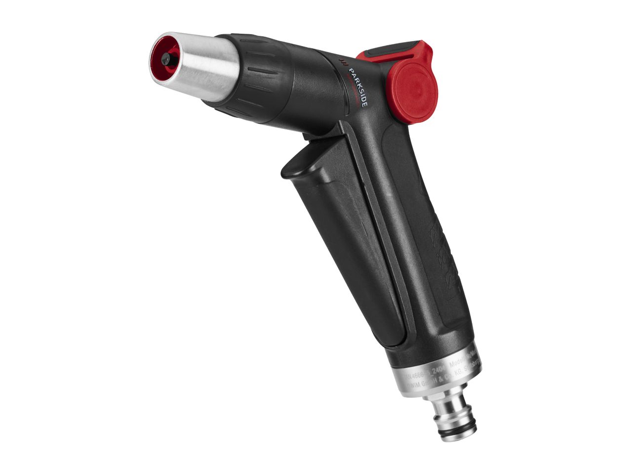 Black and red garden hose spray gun with a silver nozzle and connector.