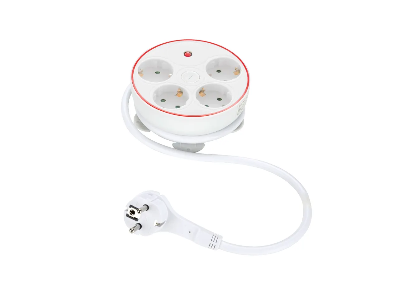 Multipresa circolare bianca con quattro prese e un cavo con spina.
