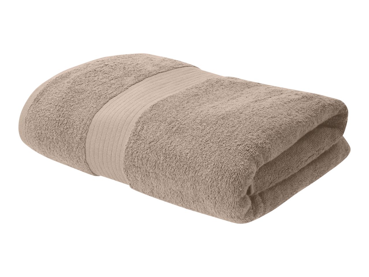 Folded beige bath towel with a ribbed band