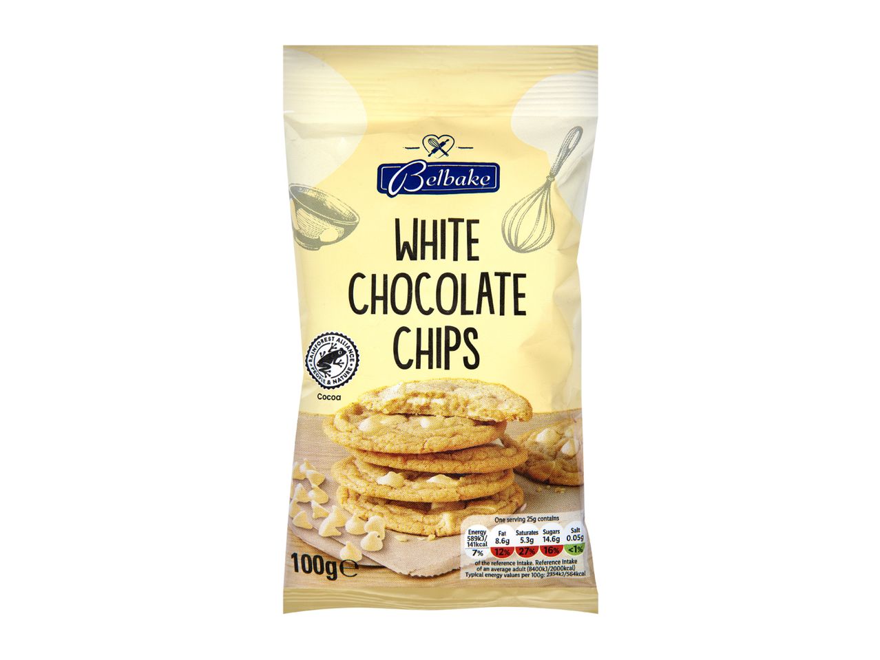 A 100g pack of white chocolate chips for baking.
