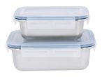 Two rectangular stainless steel food containers with clear plastic lids and blue seals.