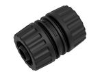 Black hose connector with ribbed grips and a central ring, angled on a white background.