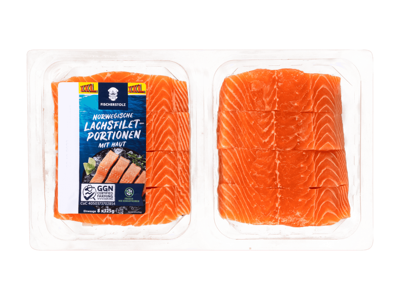 Fischerstolz norwegische Lachsfilet-Portionen mit Haut, 8x125g, frisch und nicht eingefroren.