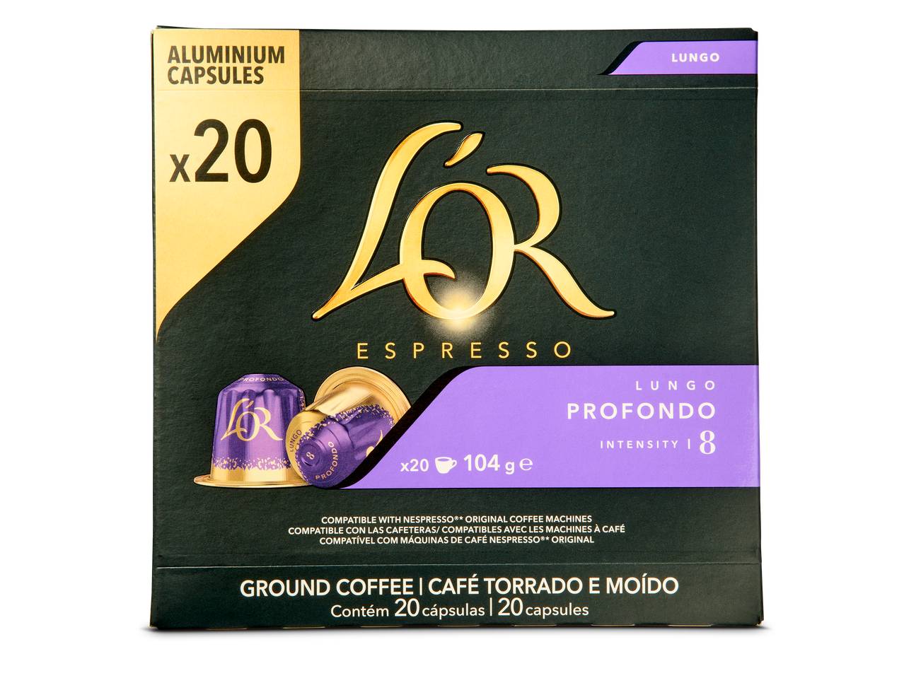 Een verpakking met 20 aluminium koffiecups voor lungo profondo met intensiteit 8.