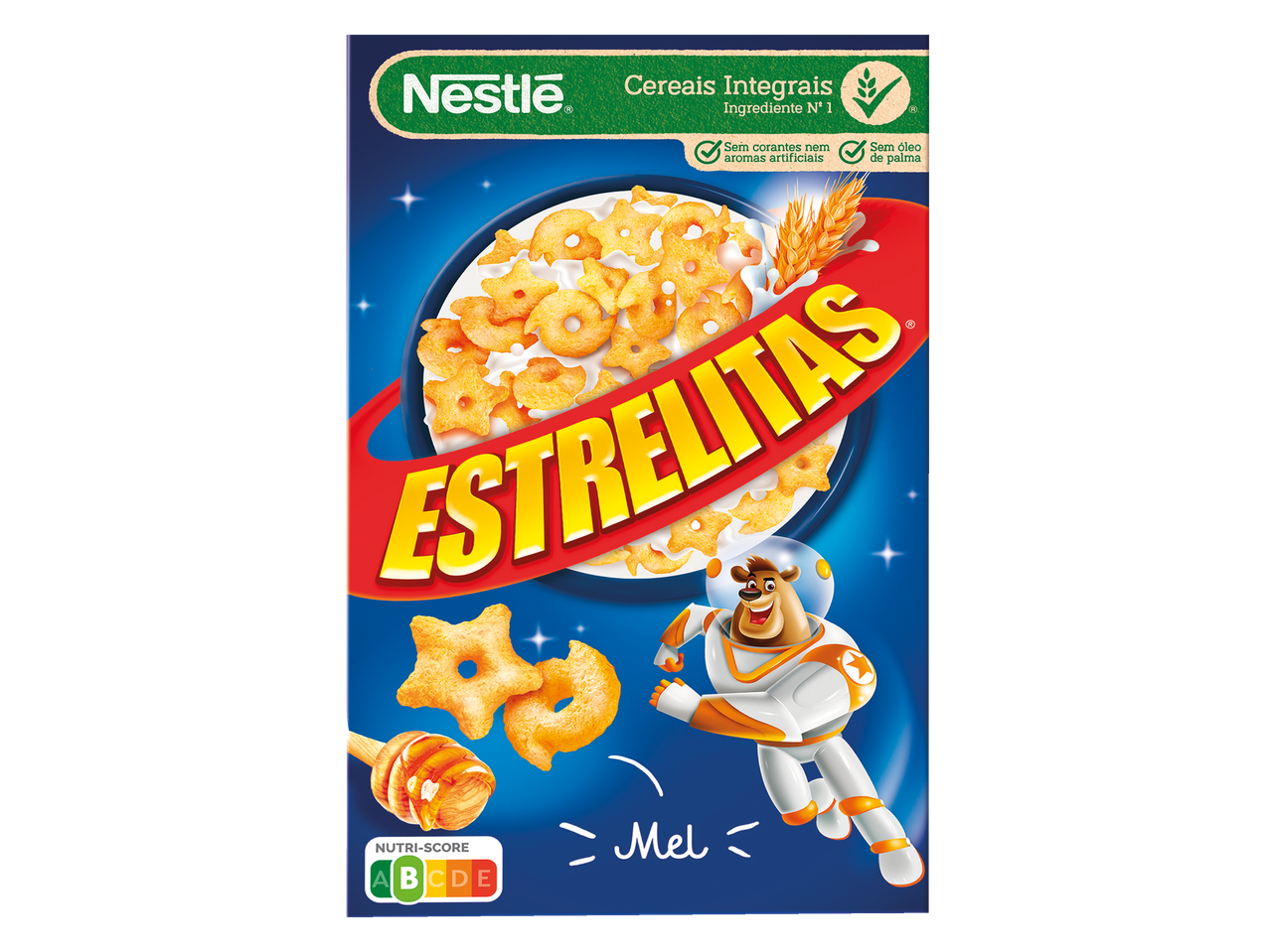 Cereais Nestlé Estrelitas com mel e urso astronauta.
