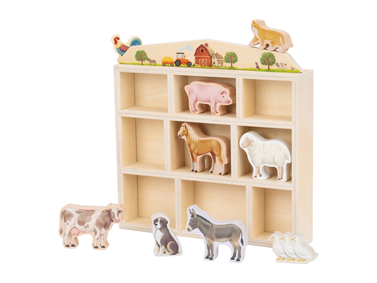 Wooden farm animal play set with a display shelf and various animal figures.