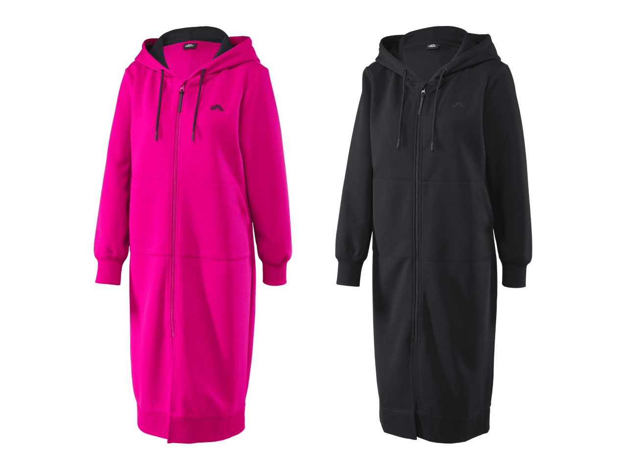 Kaksi pitkää hupparitakkia, toinen fuksianpunainen ja toinen musta, vetoketjulla ja hupulla.