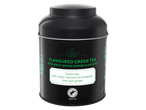 Black tea tin with green text: 'FLAVOURED GREEN TEA PINEAPPLE LEMON GINGER FLAVOURS' and 'Green tea with exotic flavours of pineapple, lime and ginger'.