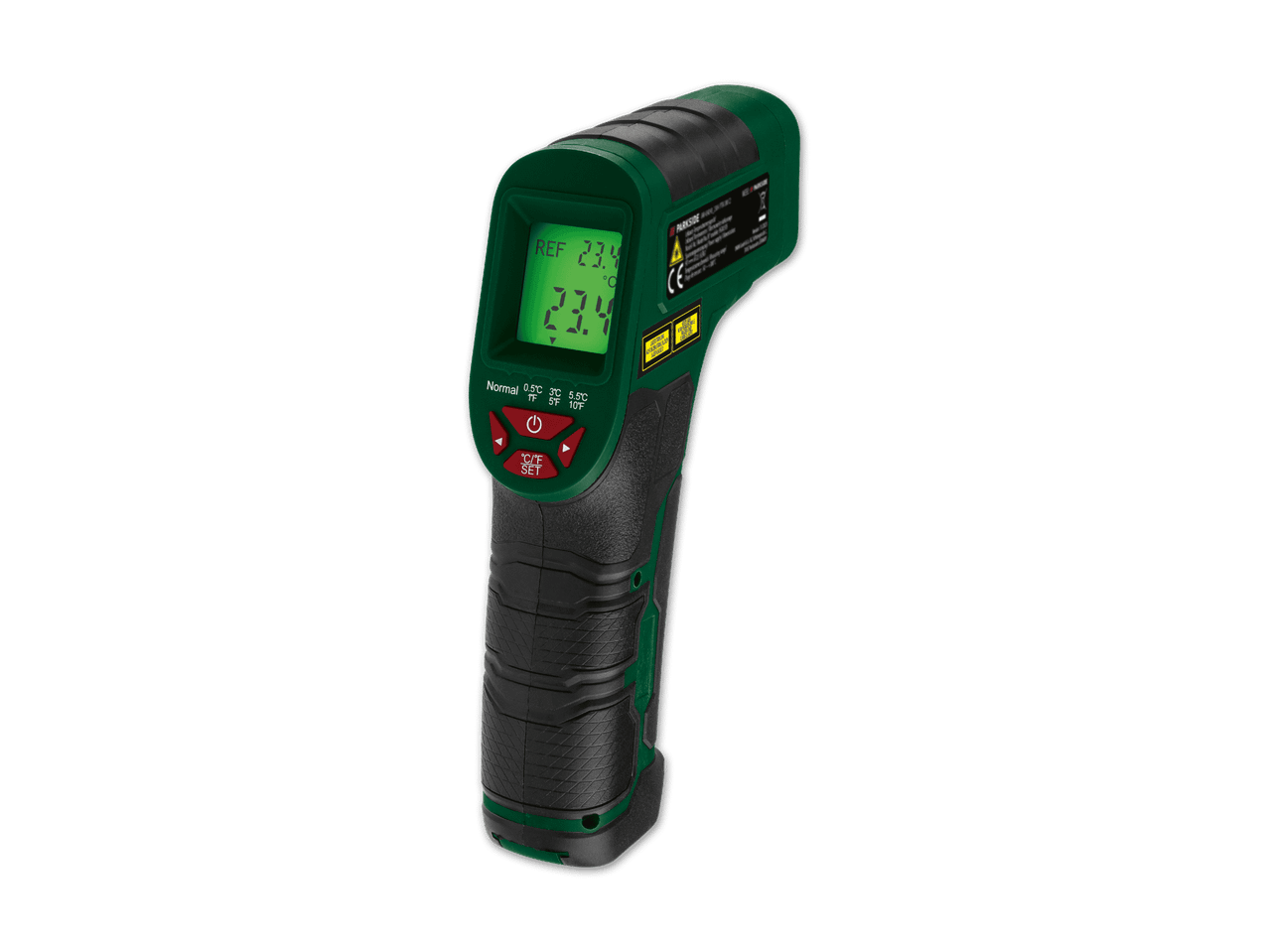 Grünes und schwarzes Parkside Infrarot-Thermometer mit digitaler Anzeige.