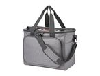 Gray fabric tote bag with multiple compartments and a shoulder strap.
