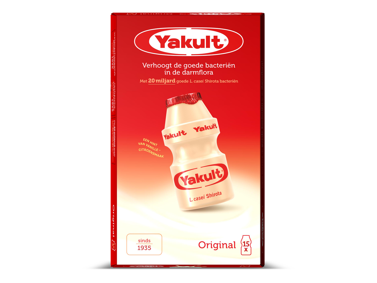 Rode verpakking van een gefermenteerde zuiveldrank met 15 flesjes.
