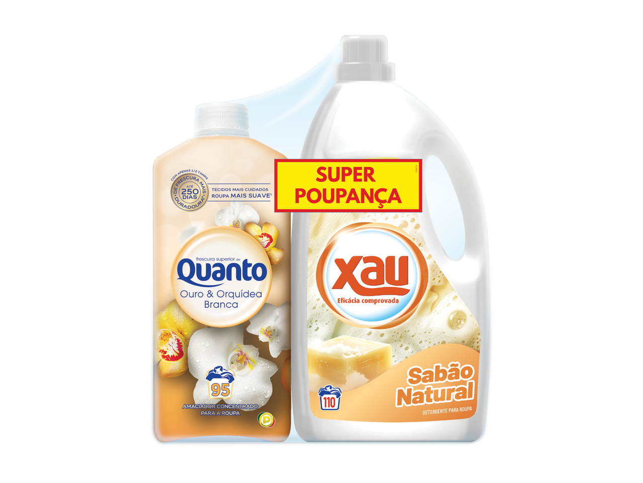 Amaciador concentrado e detergente para roupa com fragrância de orquídea e sabão natural.
