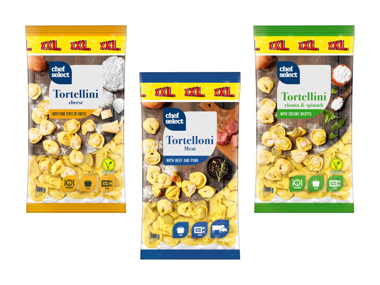 Tre confezioni di pasta Chef Select: tortellini al formaggio, tortelloni di carne e tortellini ricotta e spinaci.