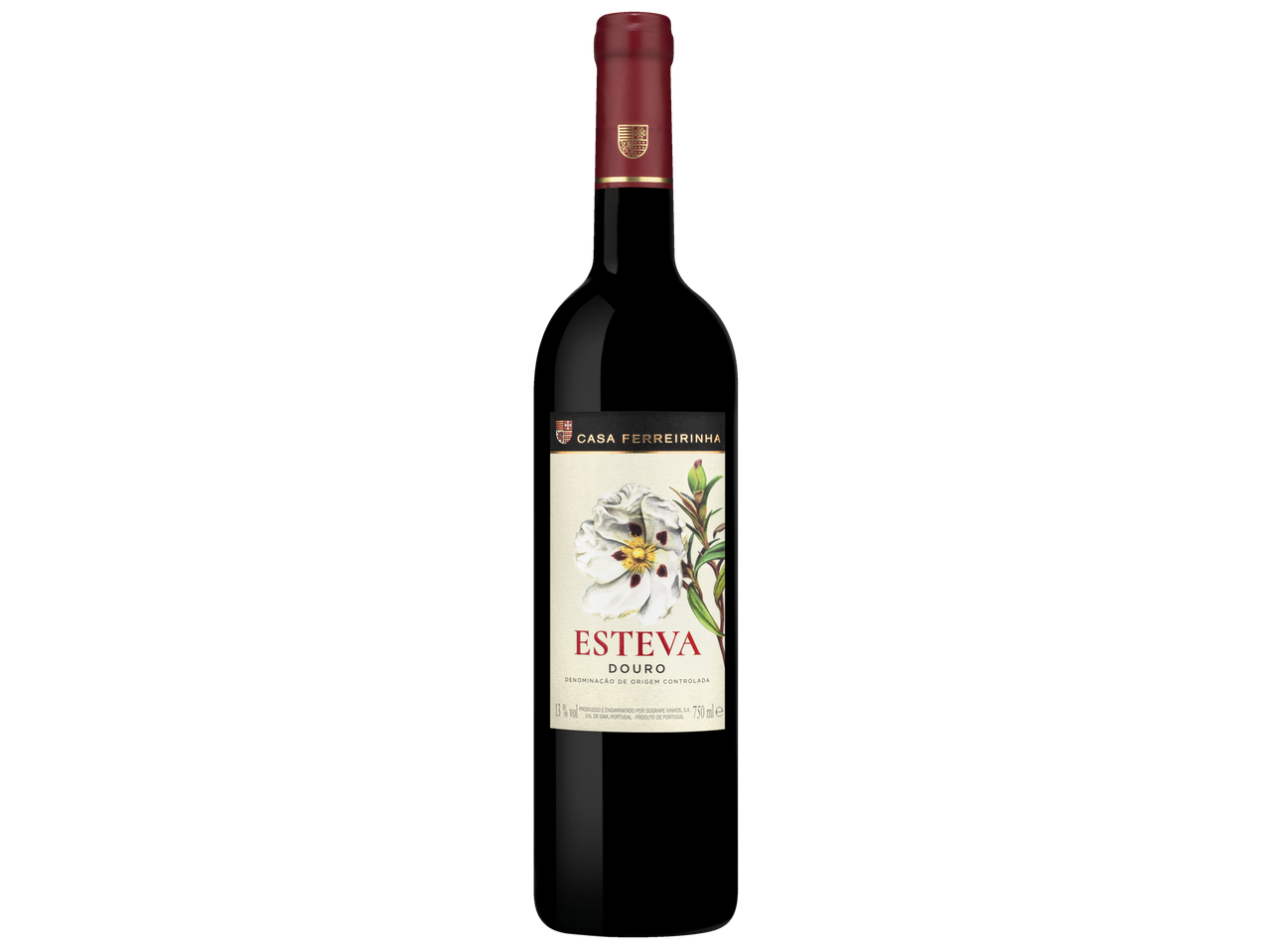 Garrafa de vinho tinto Esteva Vinho Tinto Douro DOC com ilustração de flor branca.