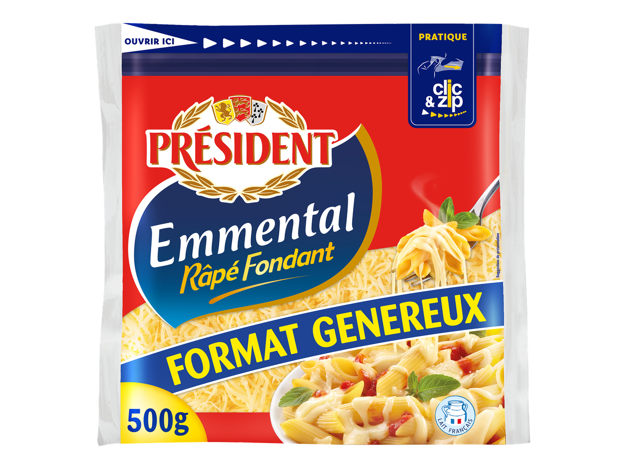 Sachet de 500g d'emmental râpé fondant, avec des pâtes au fromage en illustration.