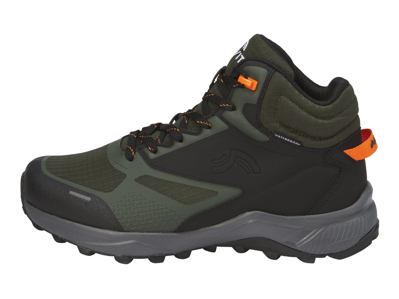 A pair of dark green and black waterproof hiking boots with orange accents.