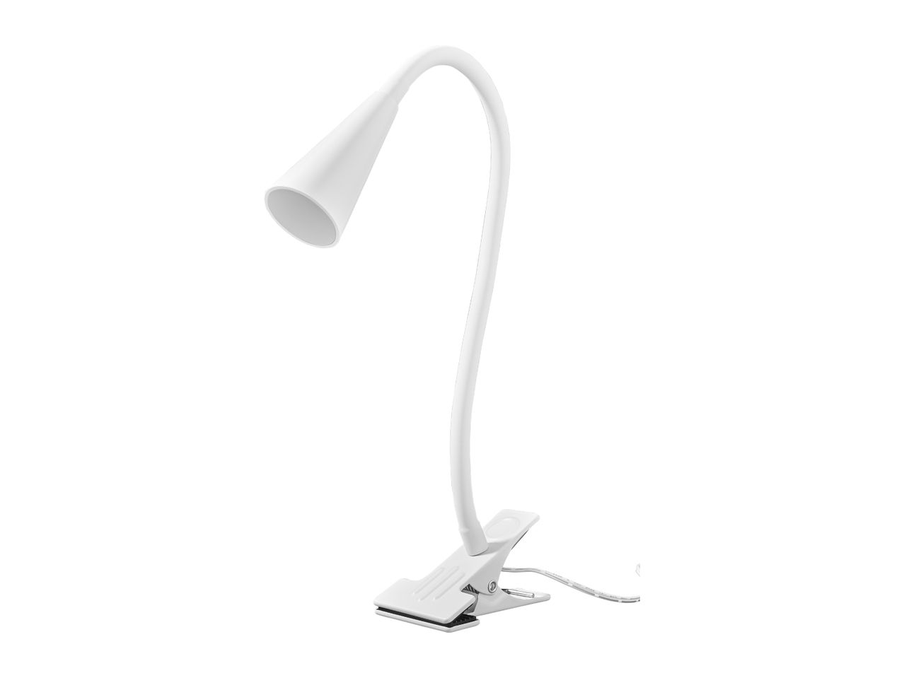 White clip-on desk lamp with a flexible gooseneck and conical shade.