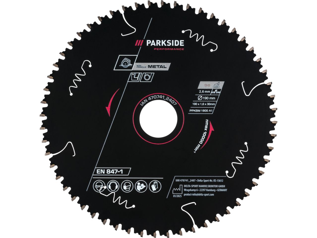 A black Parkside circular saw blade for non-ferrous metal, with specifications and safety icons.