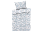 Комплект спално бельо със сини листа и бял десен.