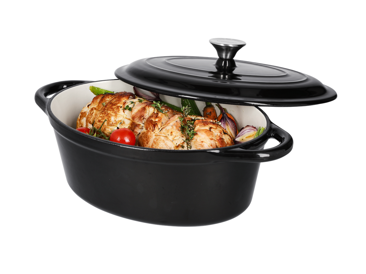 Black oval cast iron Casserole Dish with lid and cooked chicken with vegetables.