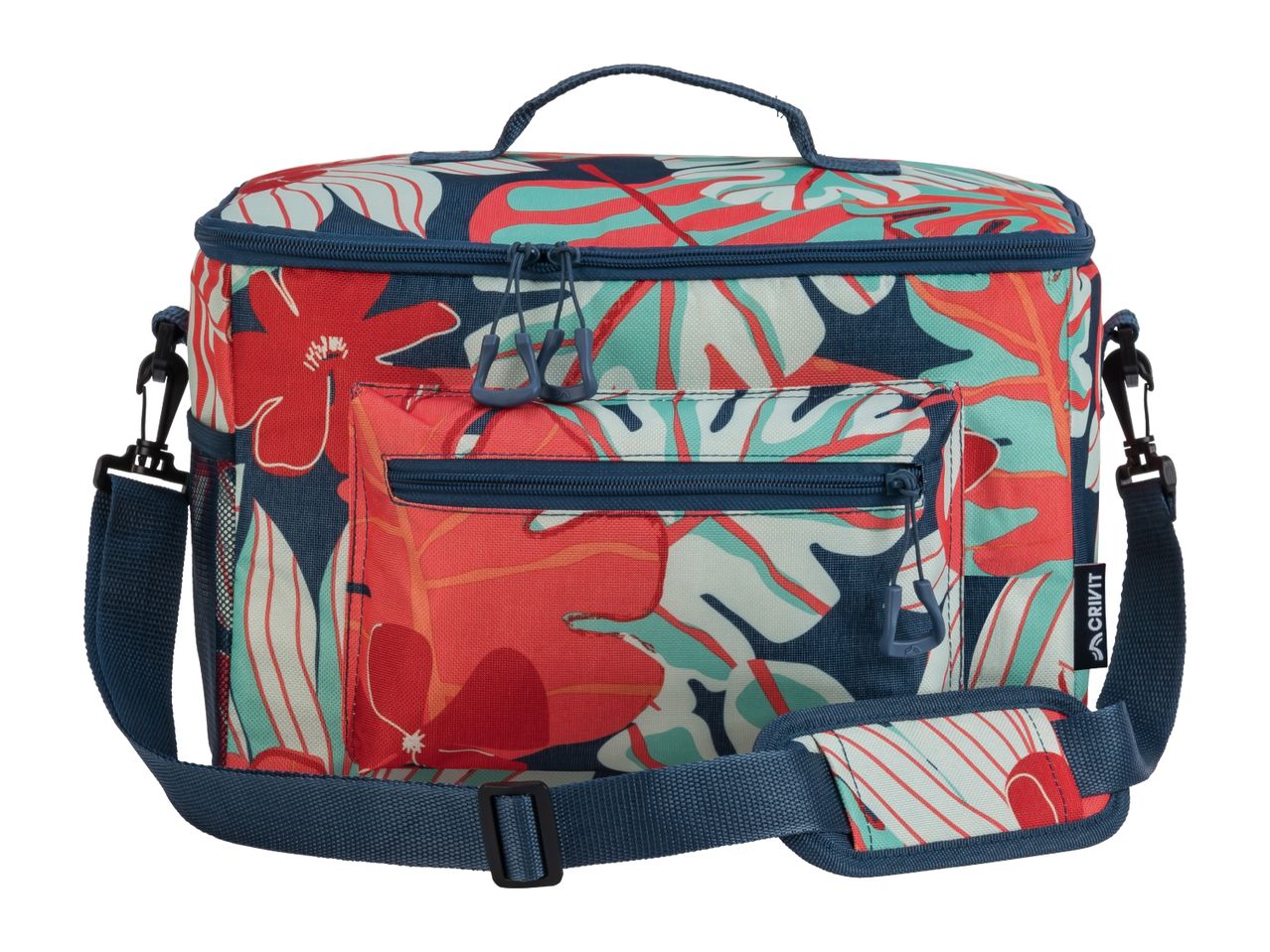 Floral cooler bag with a shoulder strap and front pocket, featuring red, blue, and teal patterns.