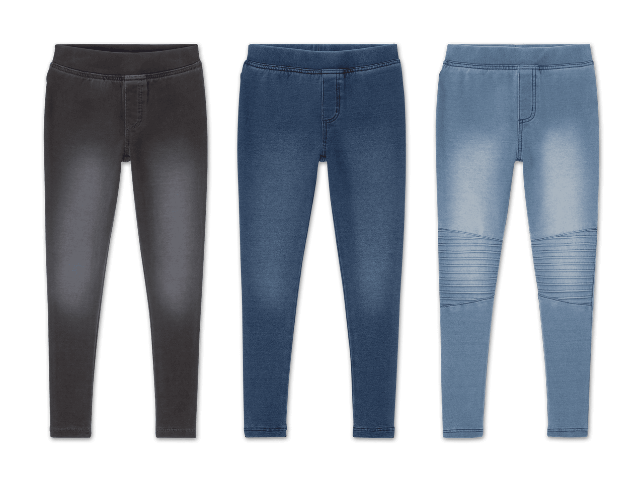 Drei Kinder-Jeanshosen in verschiedenen Farben und Waschungen.