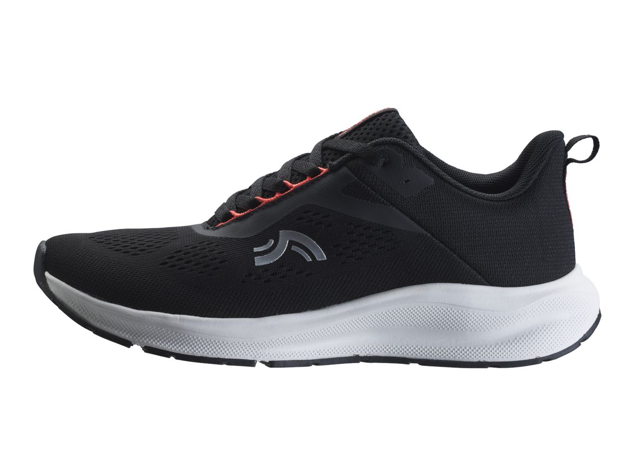 Black and white athletic shoe with orange accents, side view.