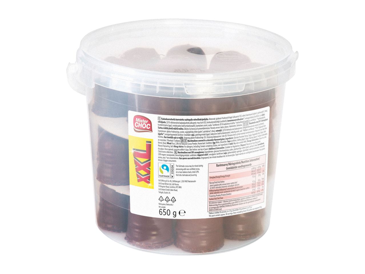 A clear plastic bucket of Mister Choc XXL chocolate-covered marshmallows.