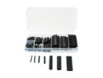 A clear plastic organizer box filled with various sizes of black heat shrink tubing, with some pieces laid out below.