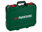Serra de poda a bateria PARKSIDE 20V numa caixa verde e preta com fechos vermelhos
