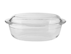 Transparente Glasschüssel mit Deckel auf schwarzem Hintergrund