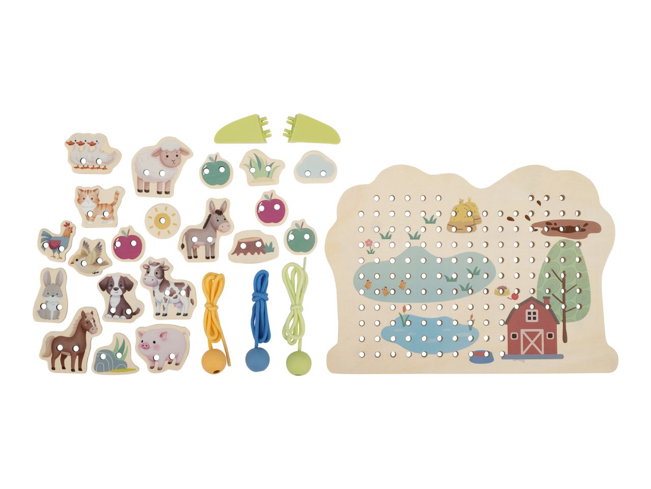 Wooden farm-themed lacing toy with animal and nature pieces, strings, and a pegboard.