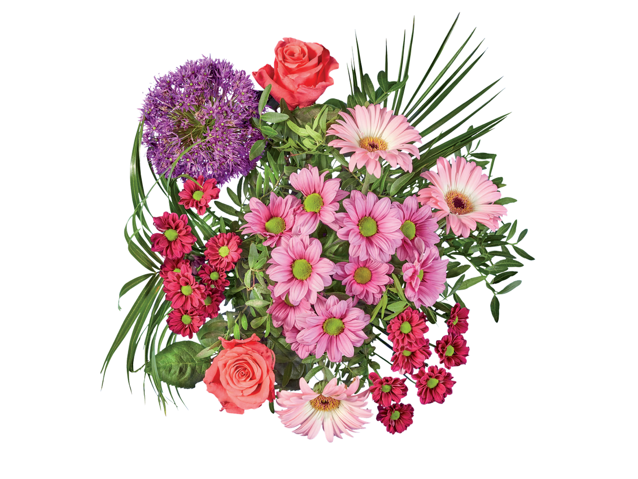 Buchet de flori cu trandafiri, garoafe și crizanteme.