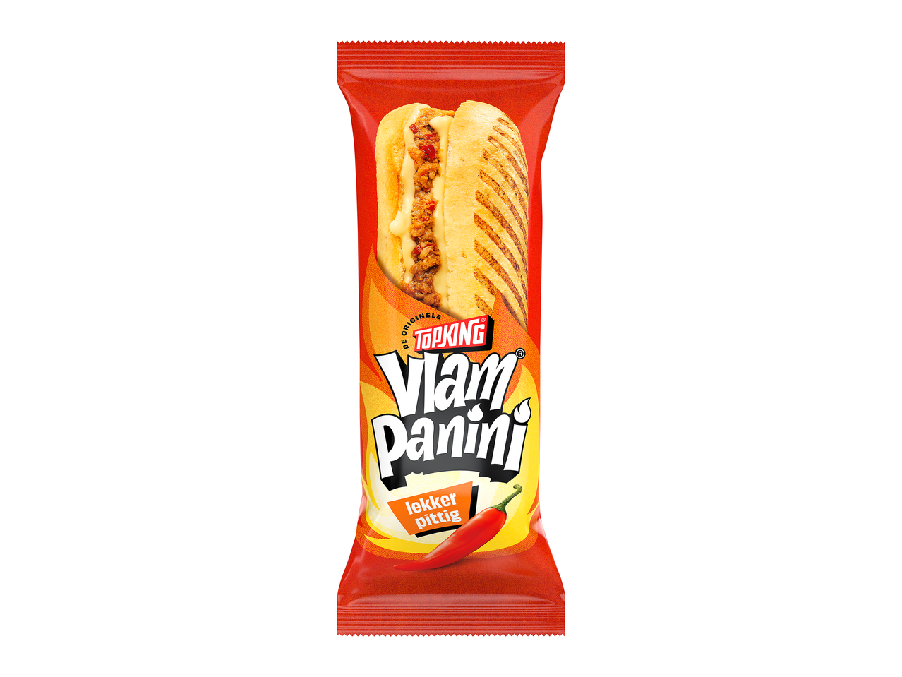Rode verpakking met een panini gevuld met gehakt en kaas, en de tekst 'lekker pittig'.