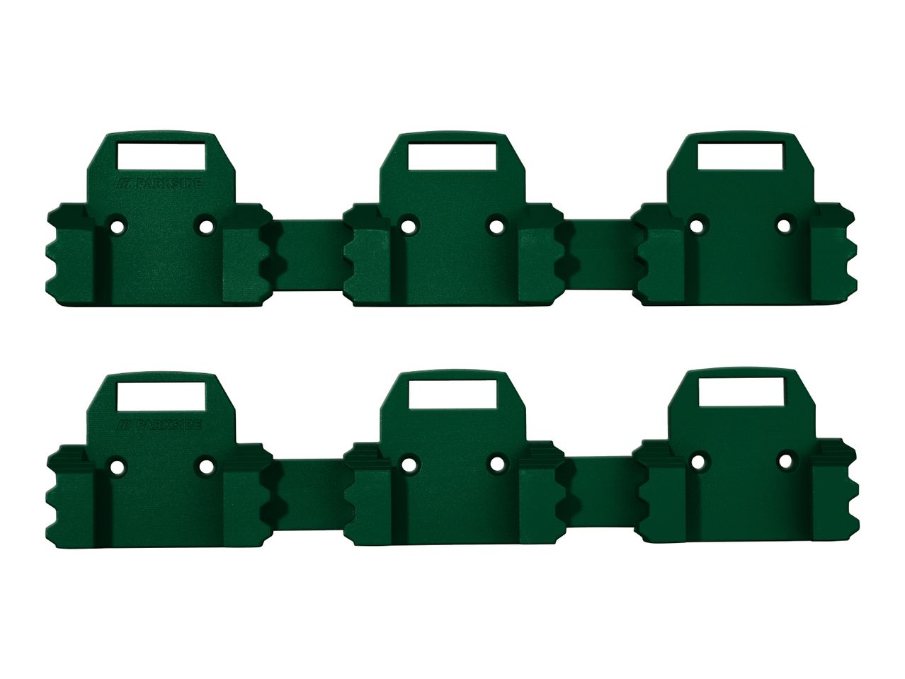 Six dark green Parkside interlocking garden edging pieces.