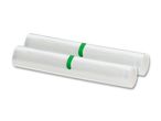 Two rolls of clear vacuum sealer bags with green labels