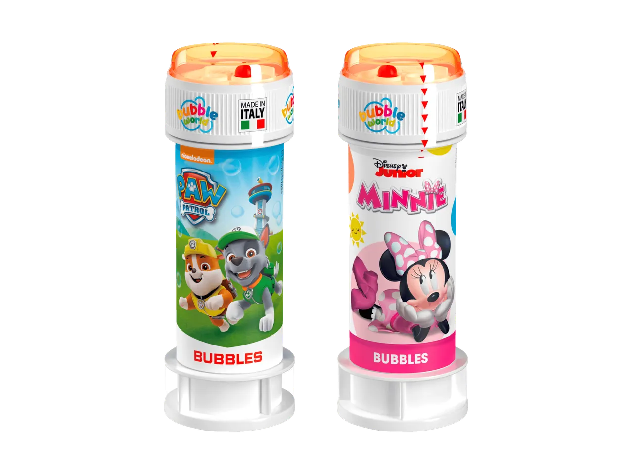 Deux flacons de bulles de savon, l'un sur le thème de la Pat' Patrouille et l'autre de Minnie Mouse.