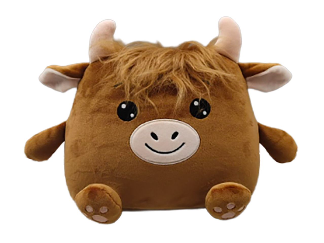 Brown plush toy in the shape of a Highland cow with shaggy hair and small horns.