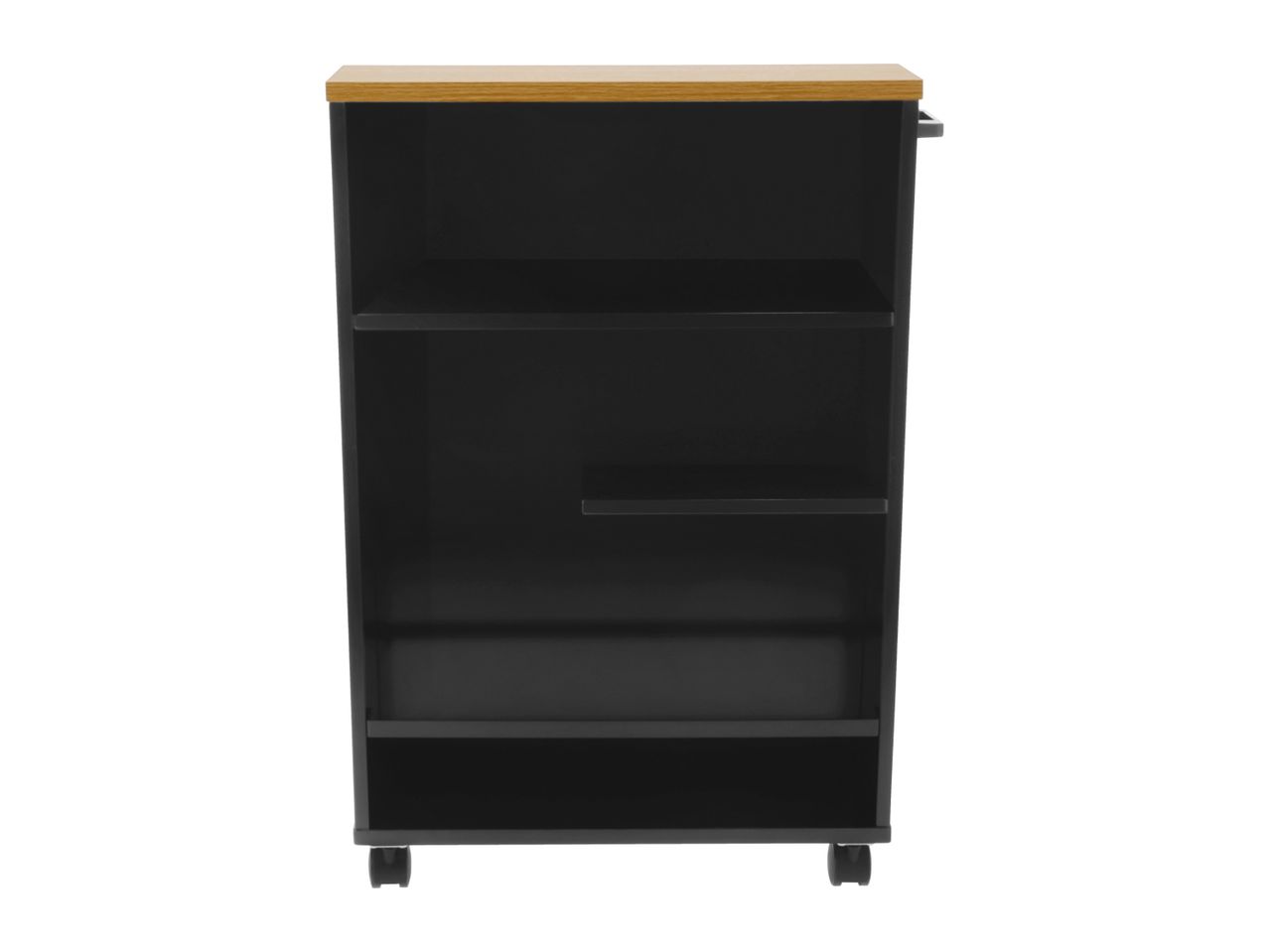 Black storage trolley with a light wooden top and three shelves